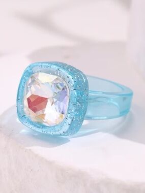 Blue & White Crystal Chunky Resin Ring Glitter Square Statement Ring 8 New